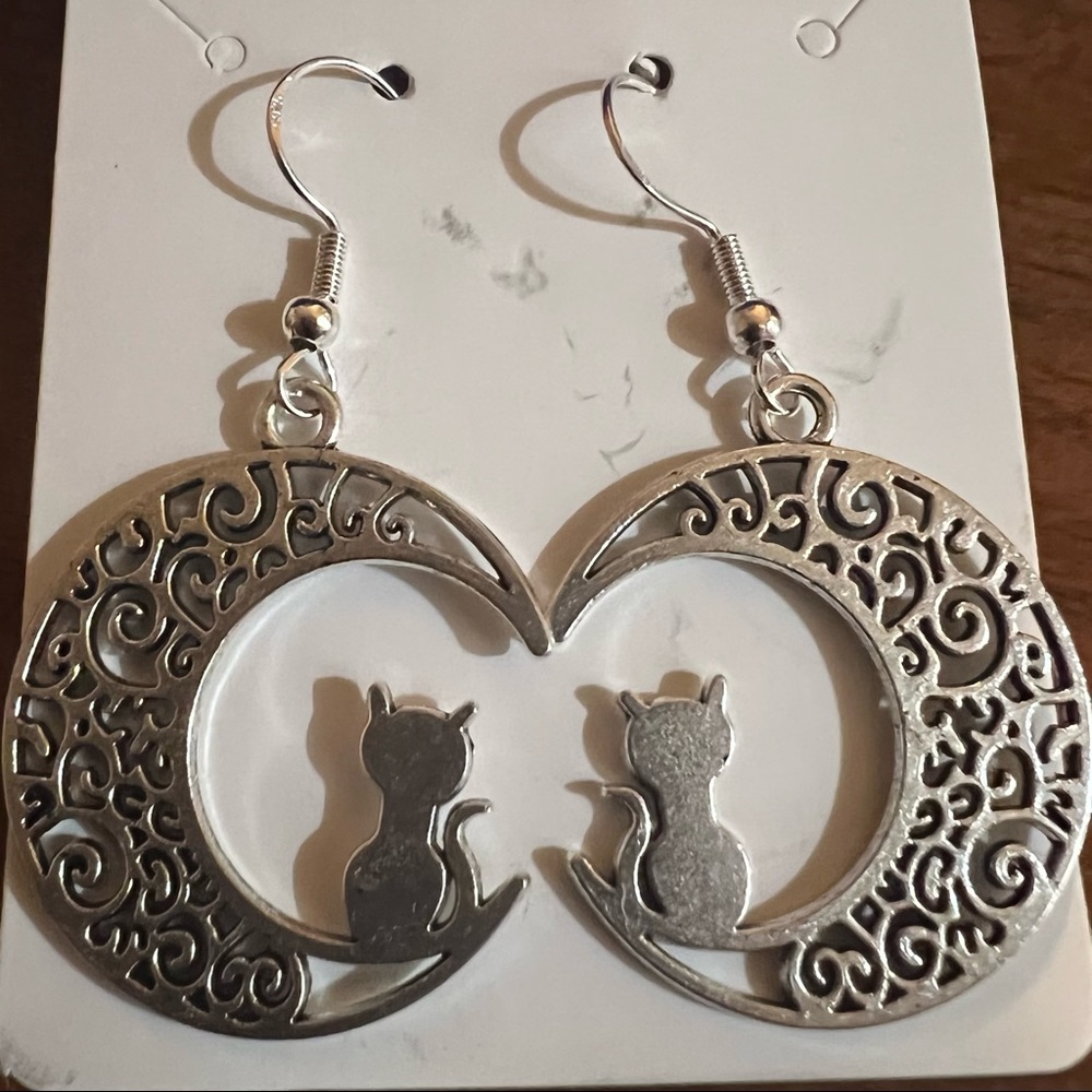 Brand New Never Worn Stainless steel fishhook back earrings with cat and moon